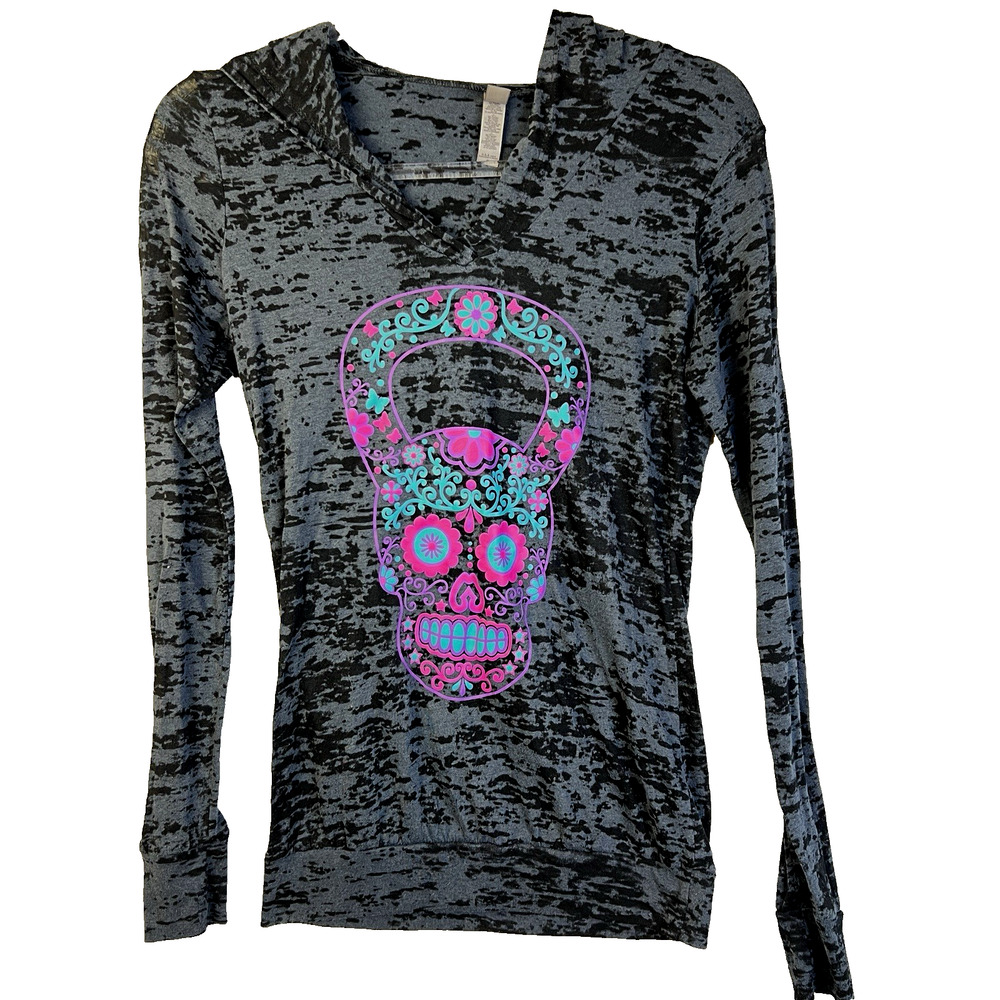 Next Level Apparal Floral Skull Hooded Shirt Women Small Burnout Gothic Black